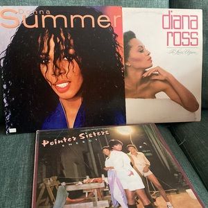 3 albums by Diana Ross, Donna Summer, Pointer Sisters on vinyl.